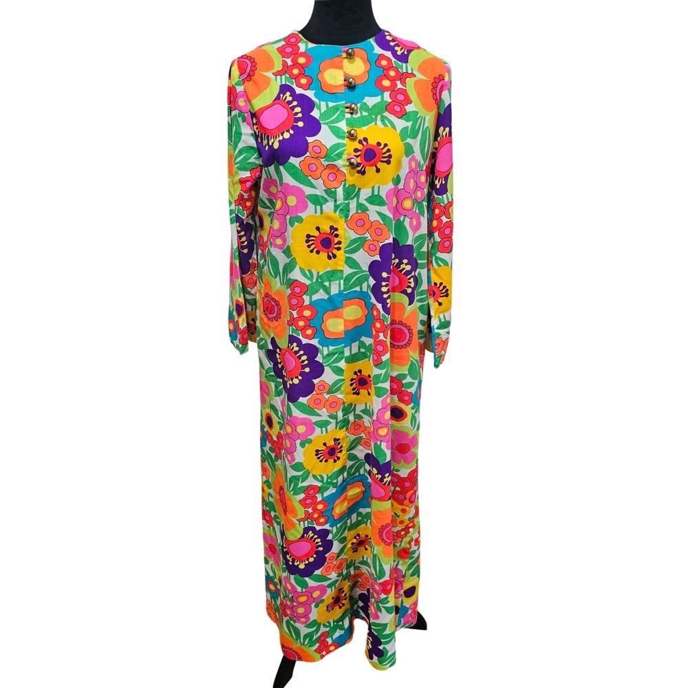 Keyloun Kaftan Maxi Dress Med Vintage 60s 70s Psychedelic Flower Power Retro Mod - Picture 2 of 14
